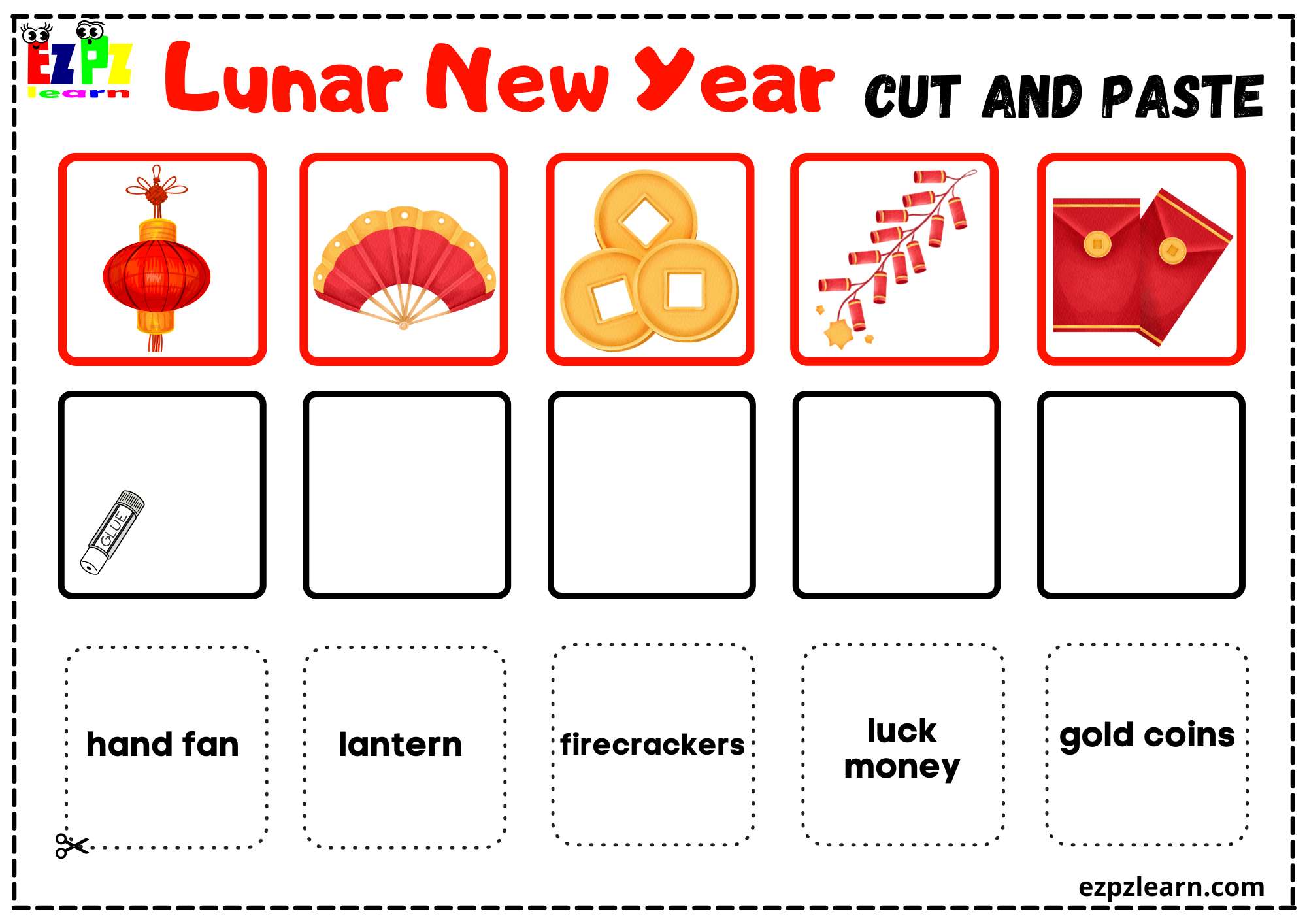 Cut and Paste Lunar New Year Activity. Free PDF Download 3 Pages